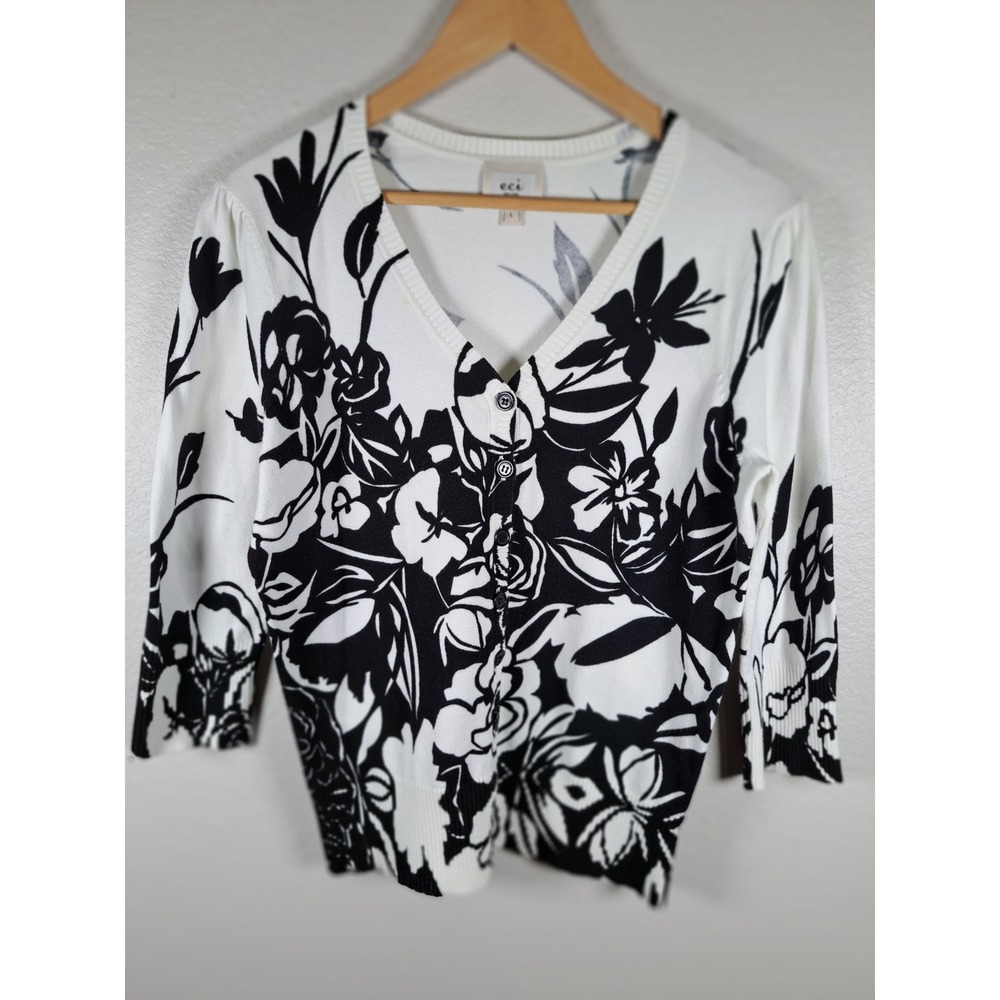 ECI New York Floral Cardigan Sweater Black White V-Neck 3/4 Sleeve Large